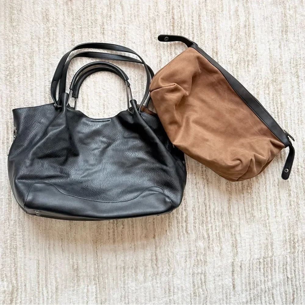 Sondra Roberts SQUARED Black Leather Double Handle Slouchy Shoulder Bag Purse